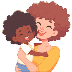 Single mother, her biracial child, both happy, vector illustration, Happy single mom and biracial kid, stock vector image. White mom and black child vector.