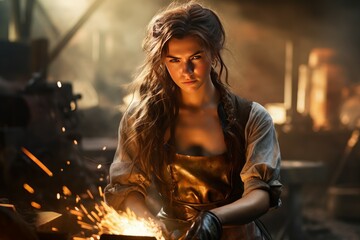 Sturdy Blacksmith woman workshop forge. Molten industry. Generate Ai - Powered by Adobe