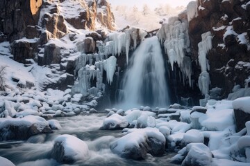 Frozen waterfalls against a snowy backdrop.