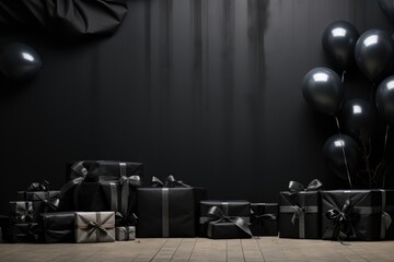 Black gift boxes and ribbon on dark background, black friday discounts. Generative AI