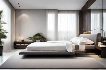 bedroom in hotel, A minimal contemporary style bedroom, with clean lines, neutral colors, and a sense of simplicity