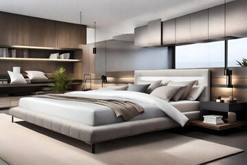 room with bed, A minimal contemporary style bedroom, with clean lines, neutral colors, and a sense of simplicity