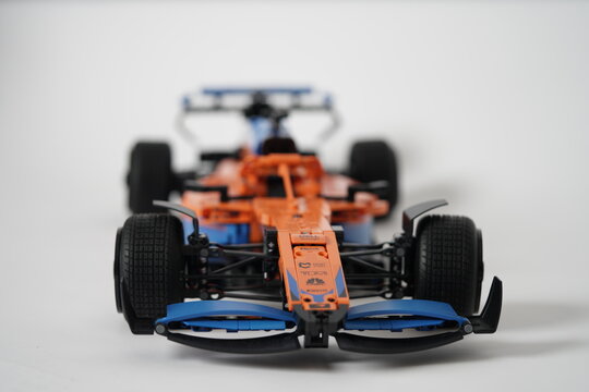 Lego - Technic Mclaren Formula 1 Race Car built with 1432pcs. Lego formula racing car built on a white background. 