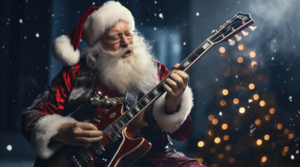 Santa Claus playing an electric guitar,  shredding a rockin Christmas solo