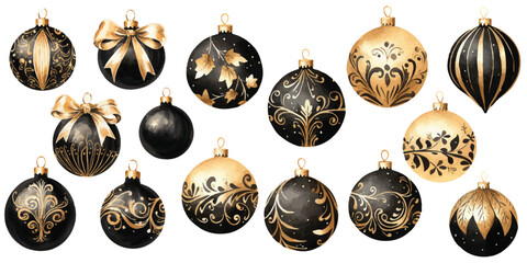 black and gold christmas balls watercolor vectors