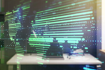 Abstract creative digital world map and modern desktop with pc on background, globalization concept. Multiexposure