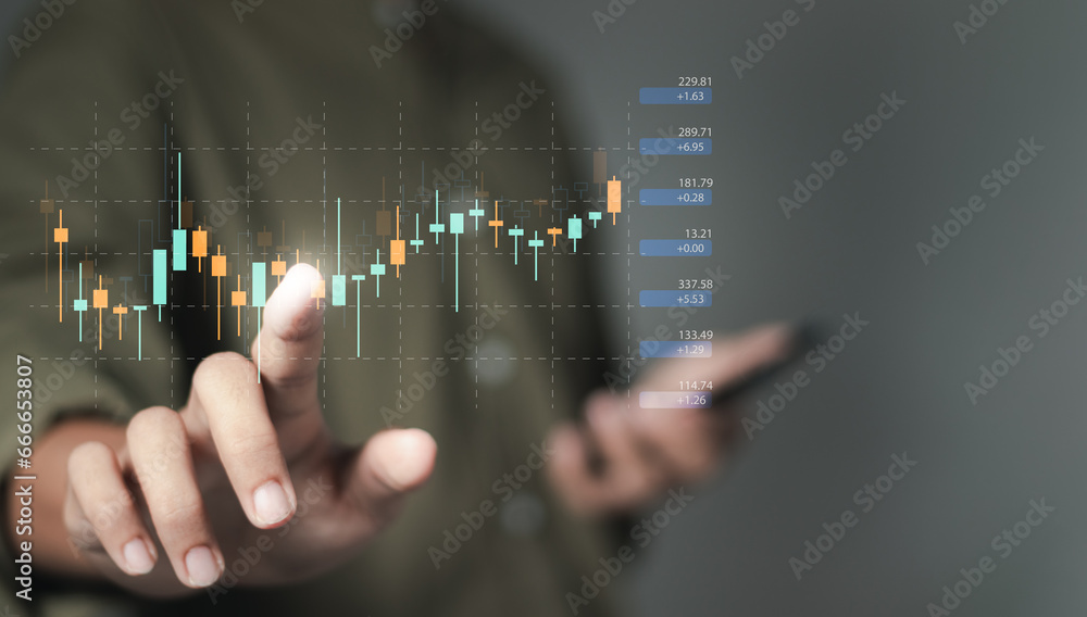 Poster trader touching growing virtual hologram stock, invest in trading, graph indicator up and down trend