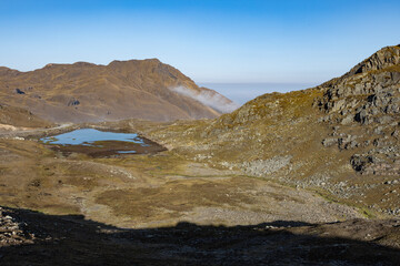 Beautiful lagoon surrounded by mountains in the scenic Tunari National Park near Cochabamba,...