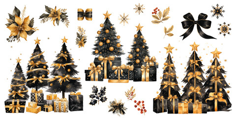 set of christmas elements includes christmas trees presents, hollies, berries, snowflakes, ribbons, Poinsettia black and gold color vectors