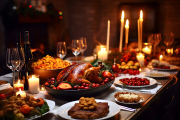 Thanksgiving, chicken and food and drinks On the dinner table for the Christmas celebration