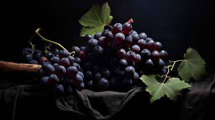 Black grapes in dark tones in contrasting light