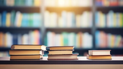 The image showcases a stack of books in a library room with a blurred bookshelf in the background. This composition is ideal for business and educational backgrounds, emphasizing the 