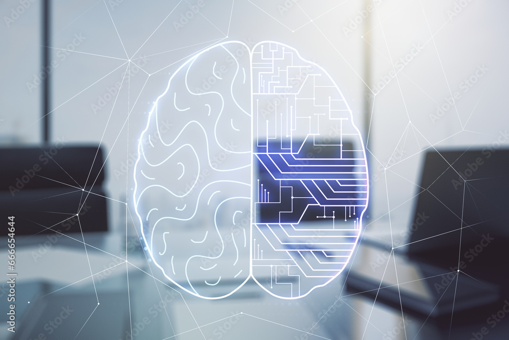 Poster creative artificial intelligence concept with human brain hologram and modern desktop with computer 