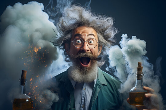 A funny crazy scientist with amazed and happy gesture experimenting holding flasks with smoke in a laboratory. Solving a problem and finding a solution