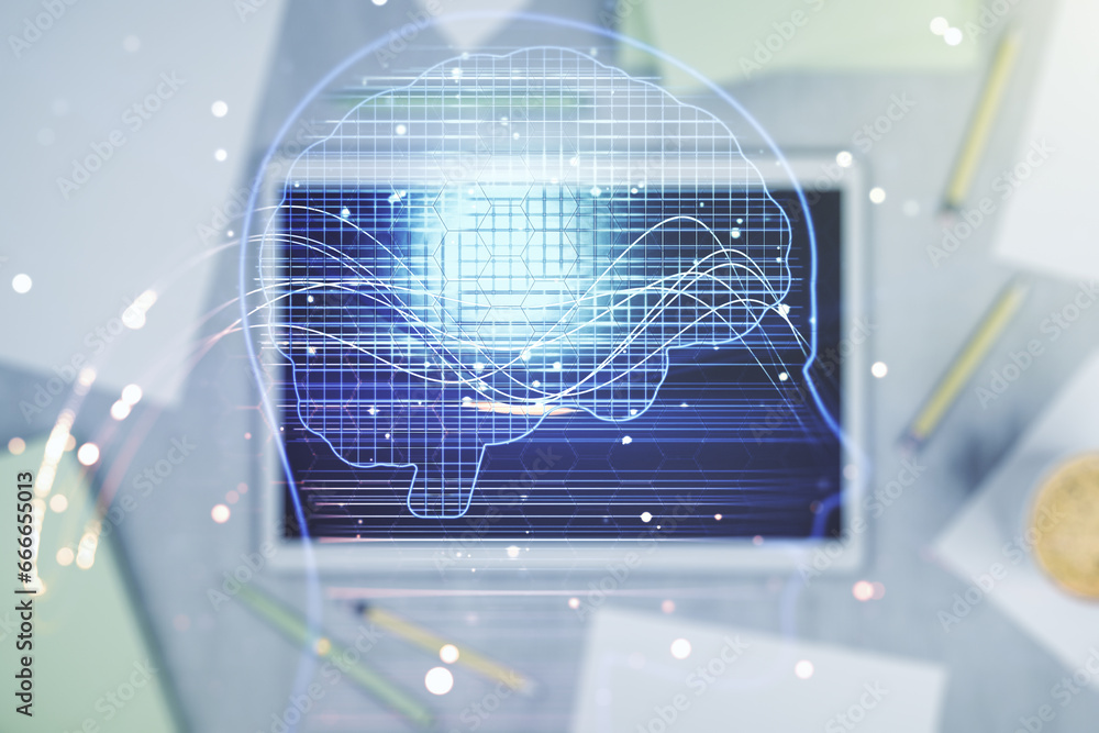 Aufkleber Double exposure of creative artificial Intelligence symbol and digital tablet on background, top view. Neural networks and machine learning concept