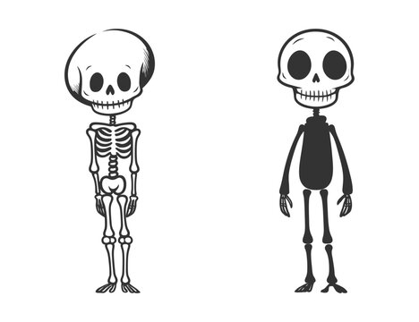 Cute and funny skinny skeleton. Black and white vector illustration