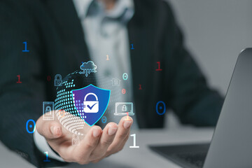cybersecurity concept, man hand holding padlock icon with shield for protecting cyber privacy...