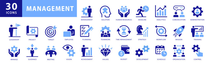 Business and Corporate Management Vector Icon set. Full set including Manager, Administration, Analytics, Training, Business, Human Resources, Employee icons. Vector Two color icons