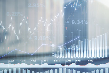 Double exposure of virtual creative financial diagram on contemporary business center exterior...