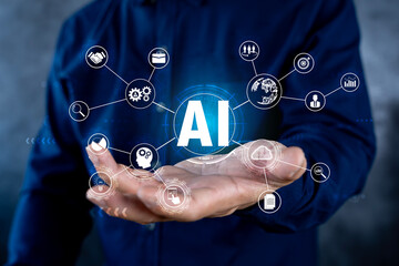 Businessman using technology AI for working tools. Chat bot Chat with AI, using technology smart...