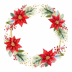 Fototapeta na wymiar Christmas wreath with Poinsettia flowers, cranberry and holly berry and golden line border for holiday card decor. Generated AI