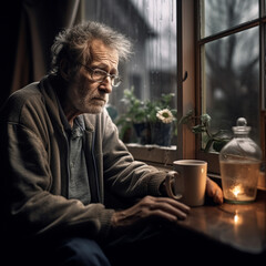 Older man alone and sad at home. Loneliness in the elderly. - obrazy, fototapety, plakaty