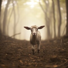 Lamb walks through muddy woods