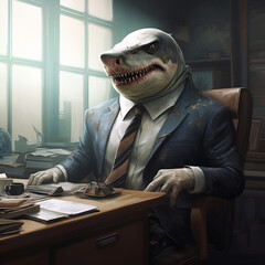 Shark in elegant suit in the office. Business shark concept.