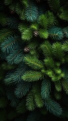 Christmas festive greeting card with pine tree branches and pinecone background. Generative AI.