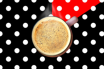 Steaming coffee cup with foam polka dot background creative collage. Clock hands Good morning Breakfast. Hot drink mug top view. Energy sip Coffee to go Latte shop sale Social media advertising design
