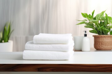 Fototapeta na wymiar A stack of clean white towels on a wooden table symbolizes cleanliness, comfort and luxury in a spa or bathroom.