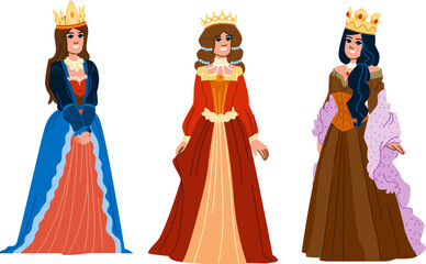 woman medieval queen vector. old fantasy, princess gold, white jewelry woman medieval queen character. people flat cartoon illustration