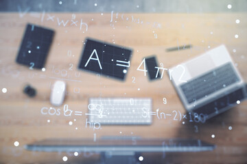 Creative scientific formula illustration on modern computer background, science and research...