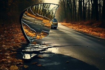 Car mirror broken lying road. Generative AI - obrazy, fototapety, plakaty