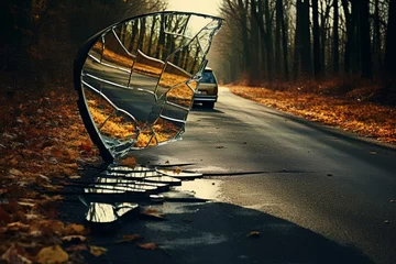 Deurstickers Car mirror broken lying road. Generative AI © Benjamin