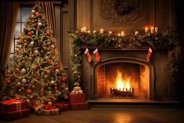 Christmas tree next to fireplace for Christmas. Generative AI