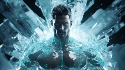 Superhero science-fiction, fantasy ice warrior covered with ice in a icey background. - obrazy, fototapety, plakaty