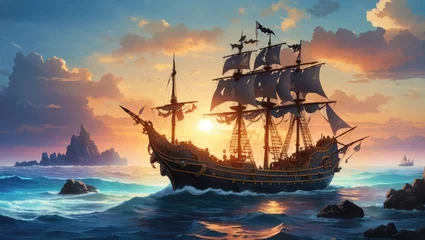 Kissenbezug "Sunset Serenity: A Stylized Pirate Ship's Odyssey" © MdRifat