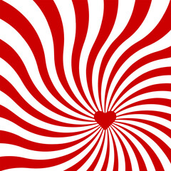 Red swirling pattern background. Vortex starburst spiral twirl square with red heart. Helix rotation rays. Converging scalable stripes. Vector illustration