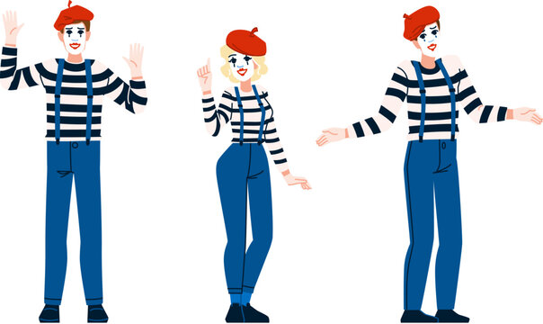art mime vector. person comedian, male mimic, pantomime clown art mime character. people flat cartoon illustration