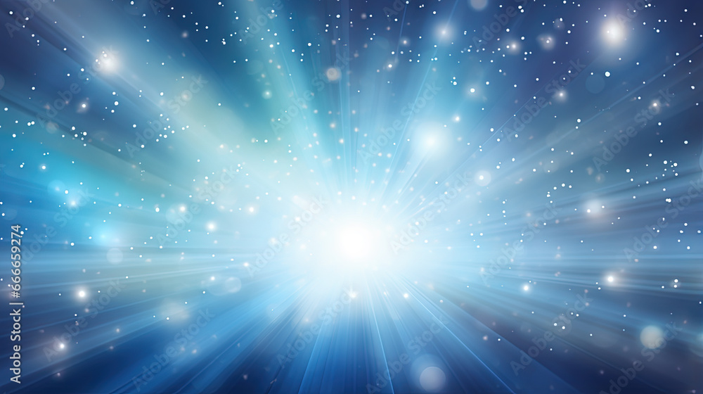 Poster abstract backgound with blue and orange light rays. god rays or light burst with bokeh.