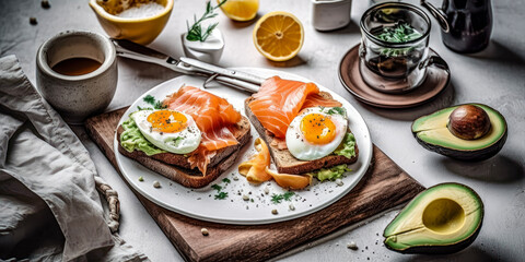 Fototapeta na wymiar Breakfast with avocado toast, salmon, eggs and coffee. Generative AI.