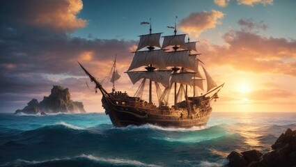 "Sunset Serenity: A Stylized Pirate Ship's Odyssey"