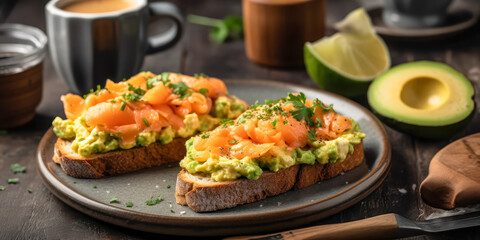 Breakfast with avocado toast, salmon, eggs and coffee. Generative AI.