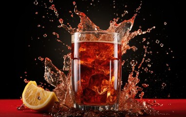 The glass of cola with ice and splashes.