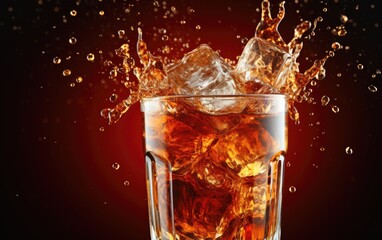 The glass of cola with ice and splashes.