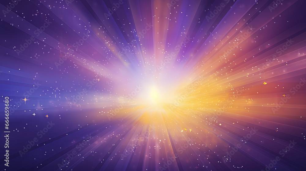 Poster abstract backgound with purple and orange light rays. god rays or light burst with bokeh.