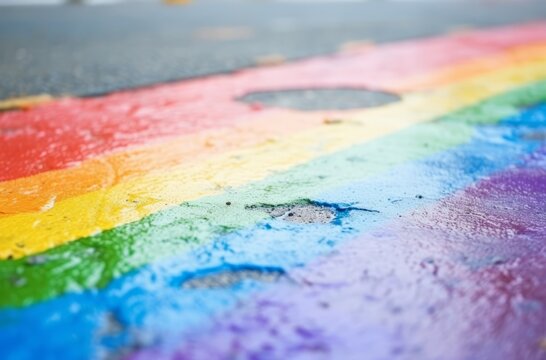 Rainbow drawn on wet city asphalt after rain - detail of rainbow