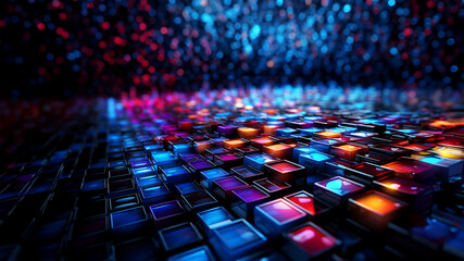 Obraz premium Viele wunderschöne bunte leuchtende Würfel aus Glas Teile in 3D als Hintergundmotiv im Querformat für Banner, ai generativ