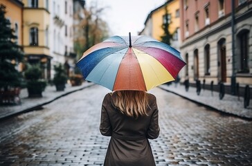 Girl walks in rain in gray city, carrying rainbow umbrella View from back